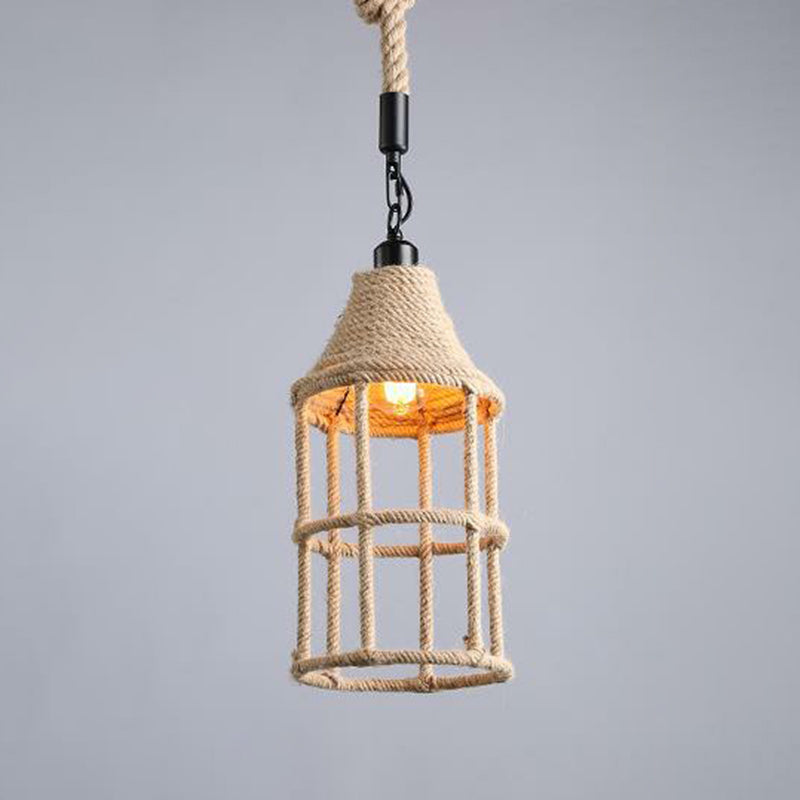 Hemp Rope Wrapped Ceiling Pendant Light - Industrial Single-Chain Design Brown Finish / A