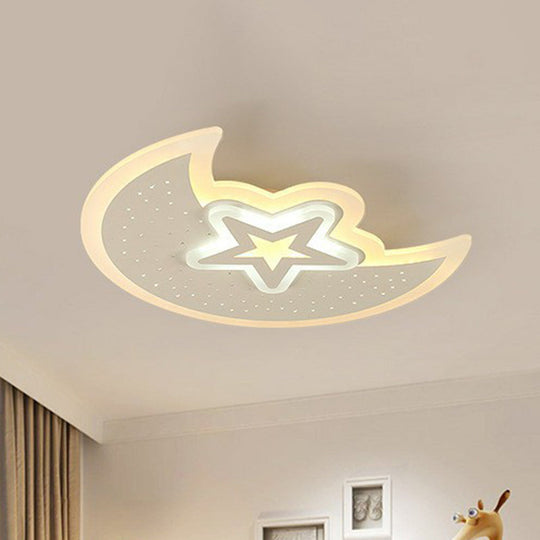 Contemporary Acrylic Flush Mount Ceiling Light With Crescent And Star Design - White Led Lighting