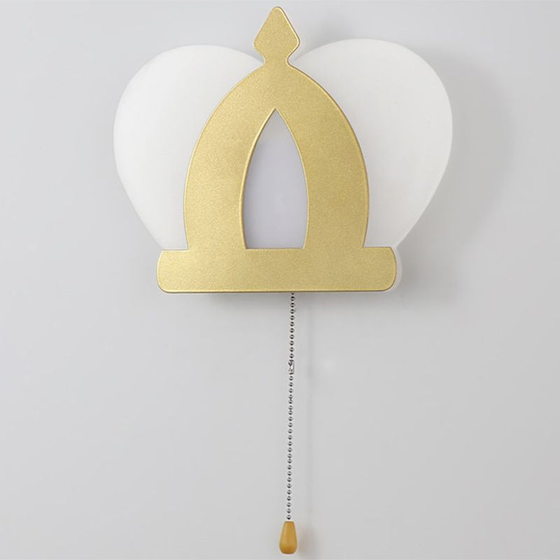 Modern Gold Led Wall Sconce Lamp Crown Acrylic Lighting Fixture With Pull Chain For Bedroom