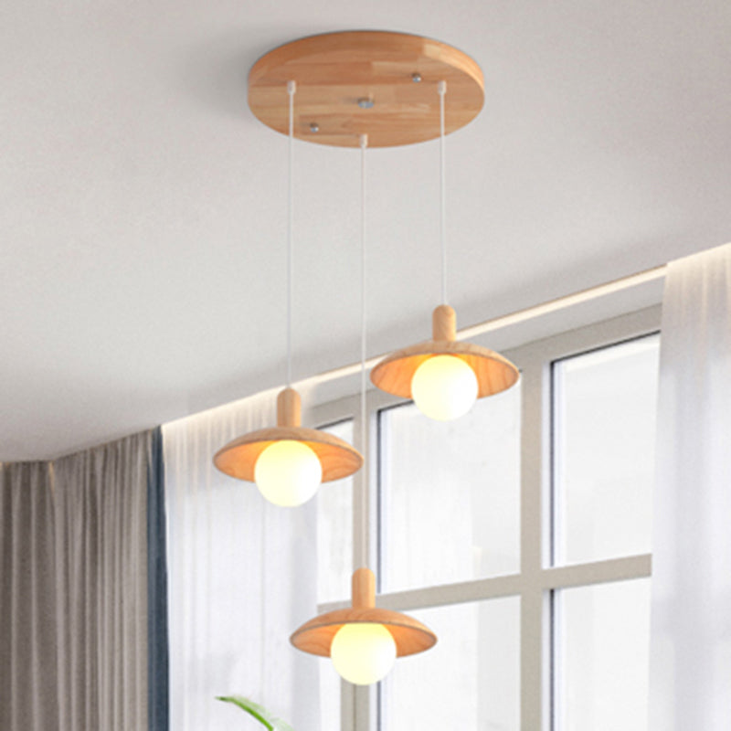 Minimalist Wood Pendant Light with 3 Bulbs for Restaurants Funnel Shade Hanging Fixture
