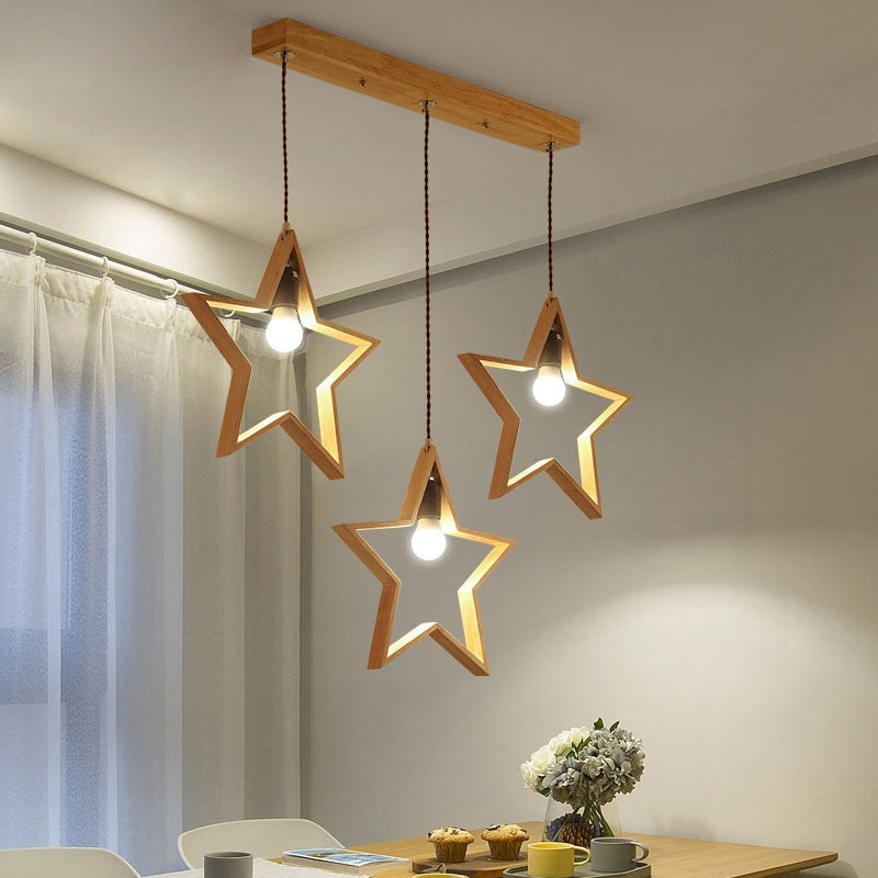 Nordic Style Wood Star Wire Frame Pendant Ceiling Light With 3 Heads