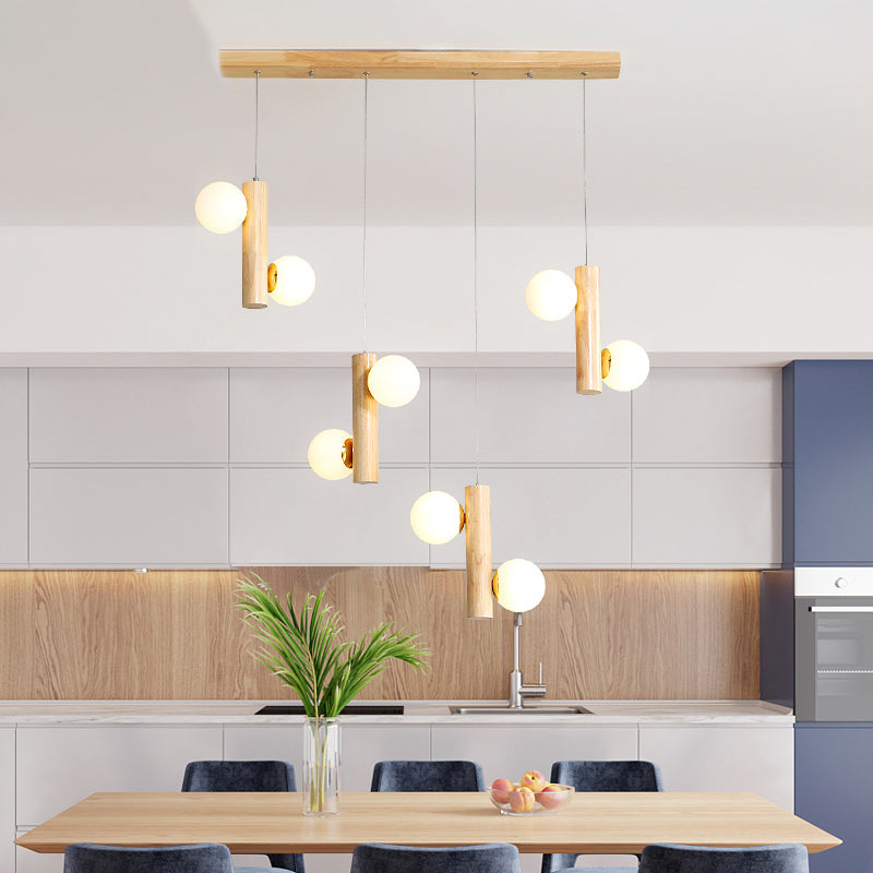 Contemporary Modo Light Cream Glass Pendant In Wood For Dining Room