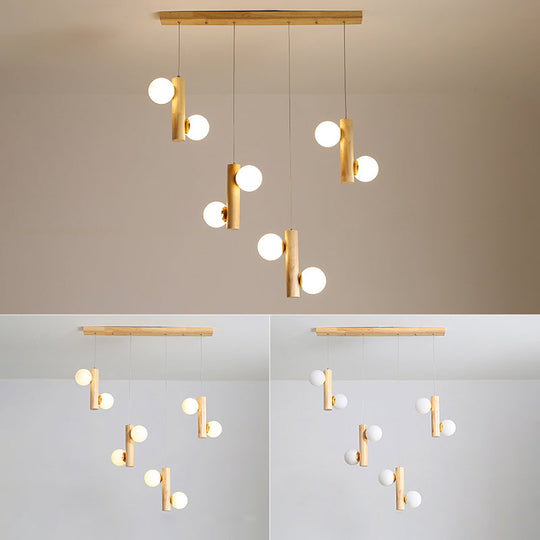 Contemporary Modo Light Cream Glass Pendant In Wood For Dining Room