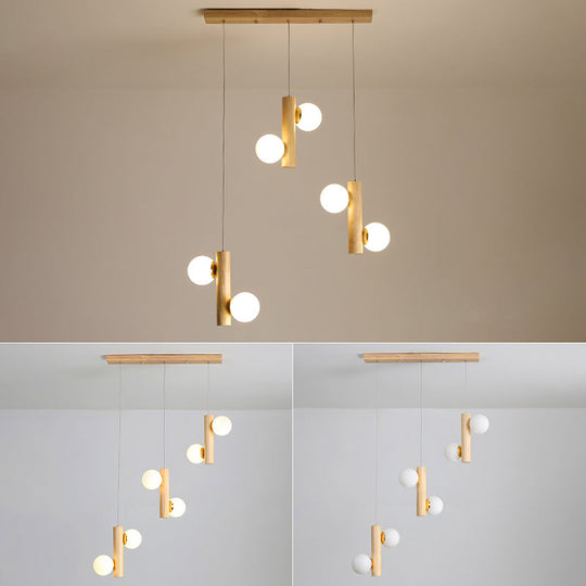 Modern Cream Glass Dining Room Pendant Light With Multiple Wood Suspension