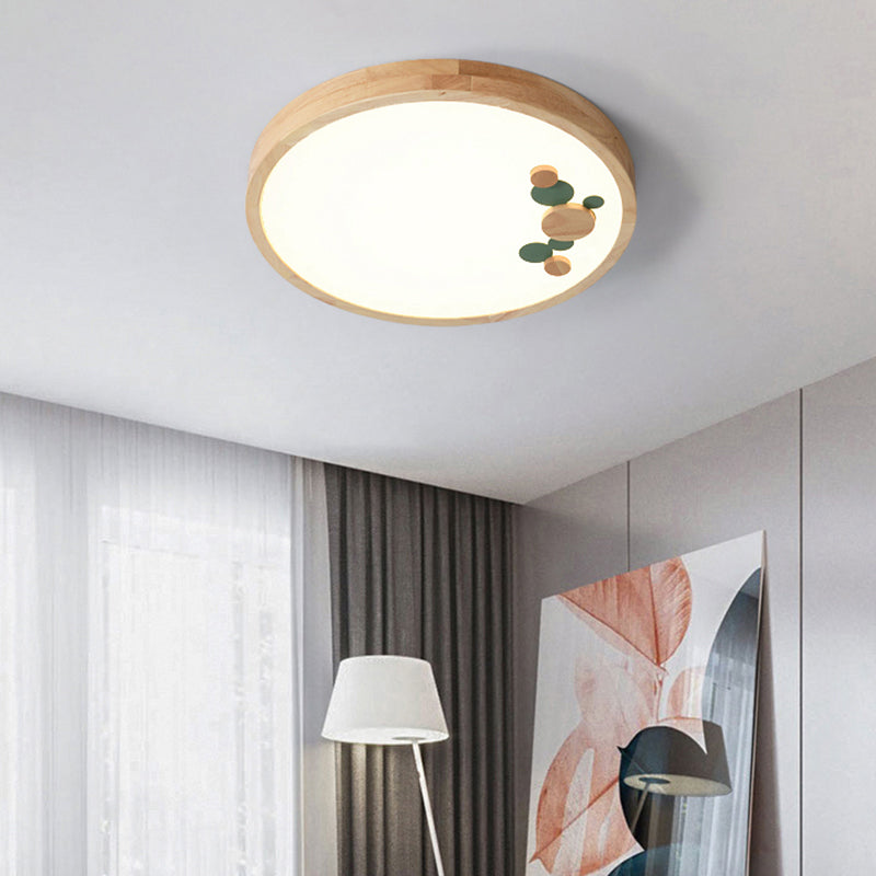 Wood Bedroom Led Circle Flush Mount Ceiling Light Green / 10’ Warm