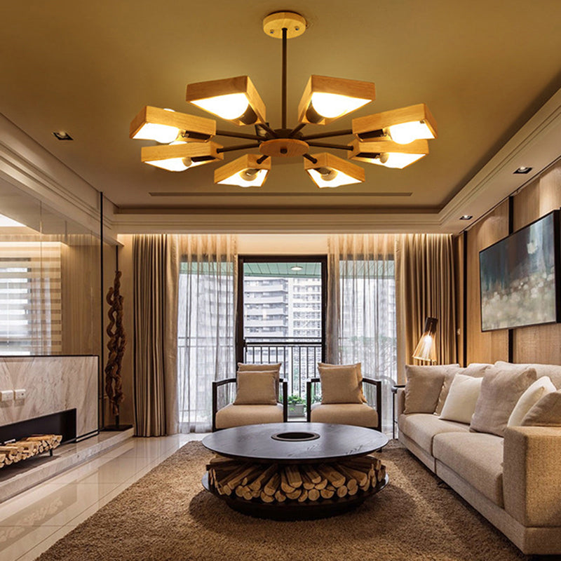 Minimalist Wood Suspension Chandelier For Living Room - Trapezoid Frame Design