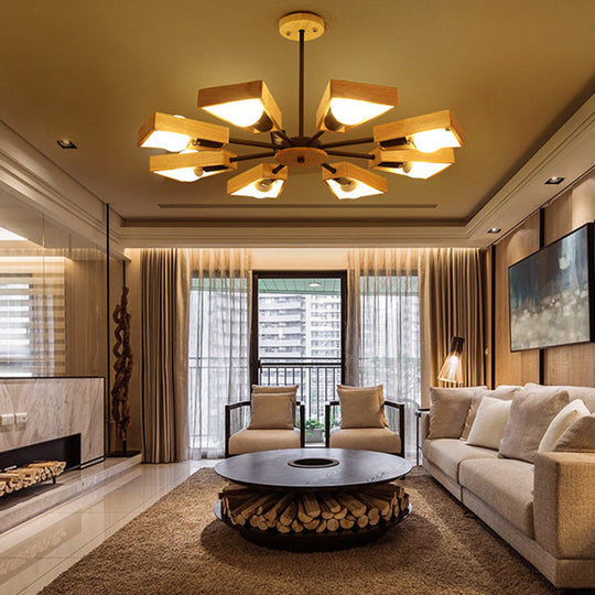 Minimalist Wood Suspension Chandelier For Living Room - Trapezoid Frame Design