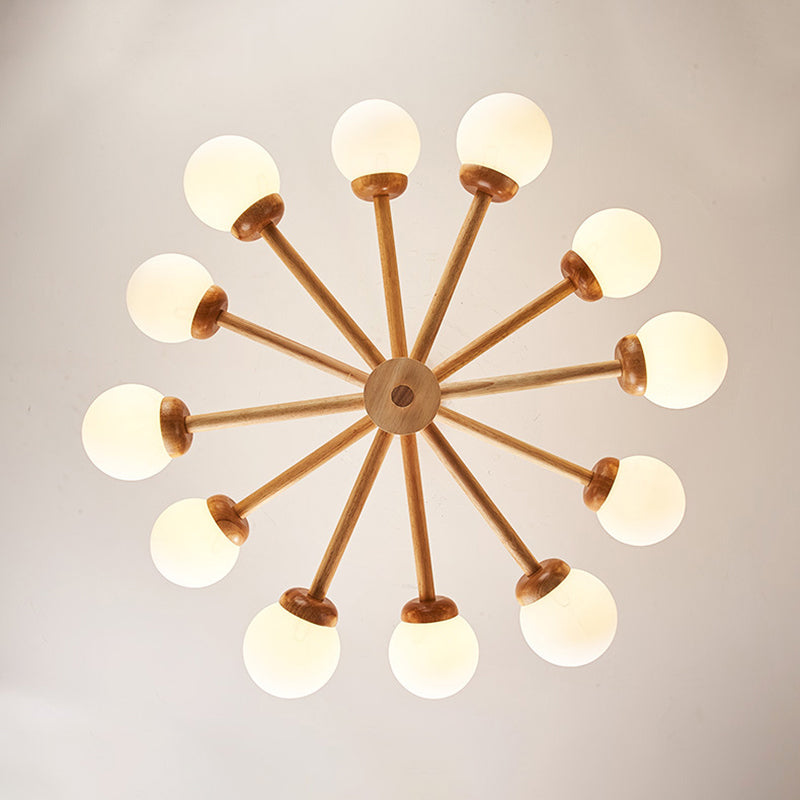 Sleek Minimalist Cream Glass Bedroom Chandelier Light With Wood-Embellished Modo Shaped