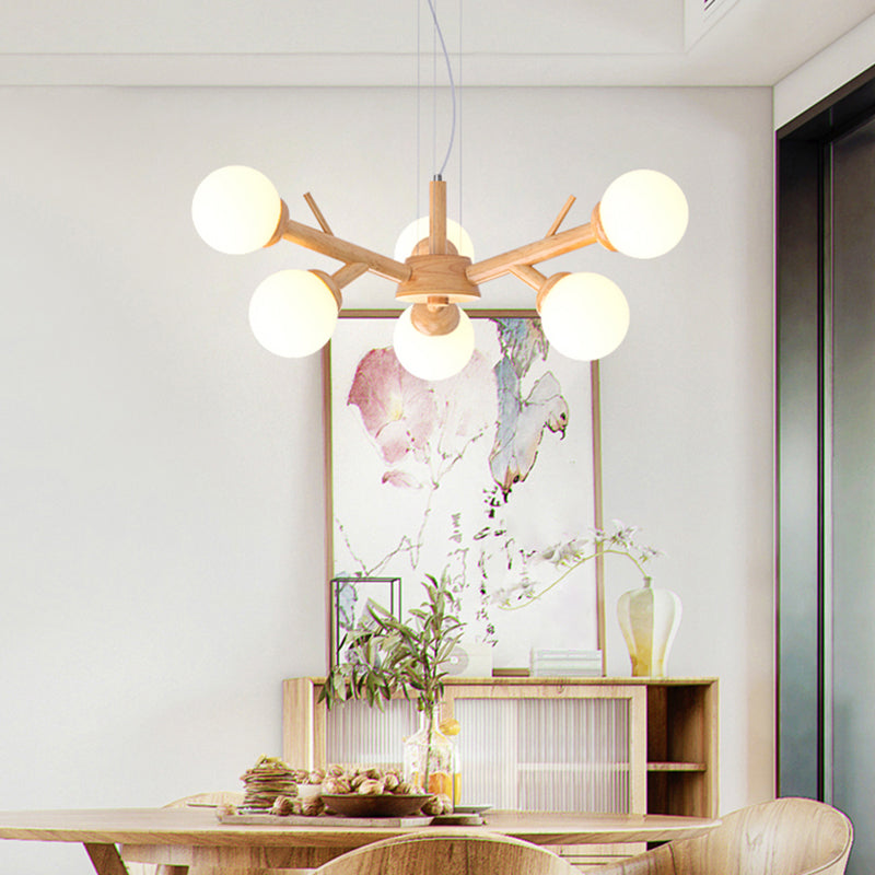 Simplicity Chandelier Light Fixture With Frosted Glass Shade - Wood Branch Ceiling Lighting