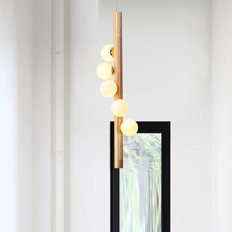 Contemporary Cream Glass Modo Chandelier Lighting With 5 Wood Pendant Lights – Ideal For Restaurants