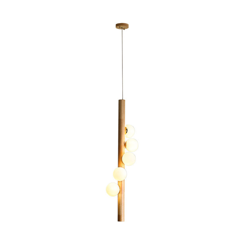 Contemporary Cream Glass Modo Chandelier Lighting With 5 Wood Pendant Lights – Ideal For Restaurants