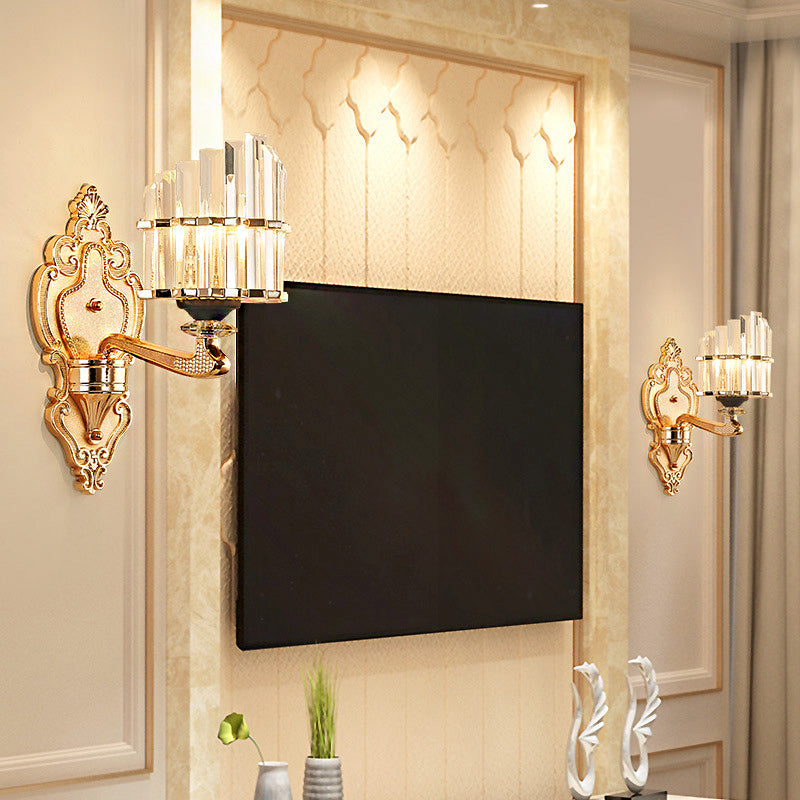Modern Brass Crystal Block Wall Light Sconce With Carved Backplate 1 /