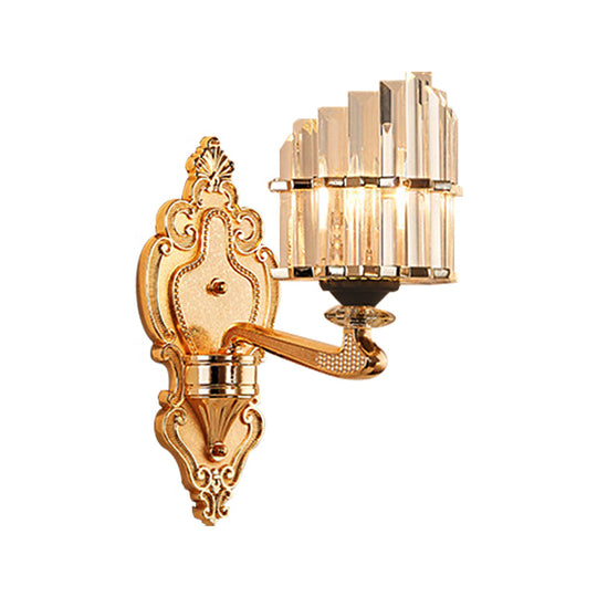 Modern Brass Crystal Block Wall Light Sconce With Carved Backplate