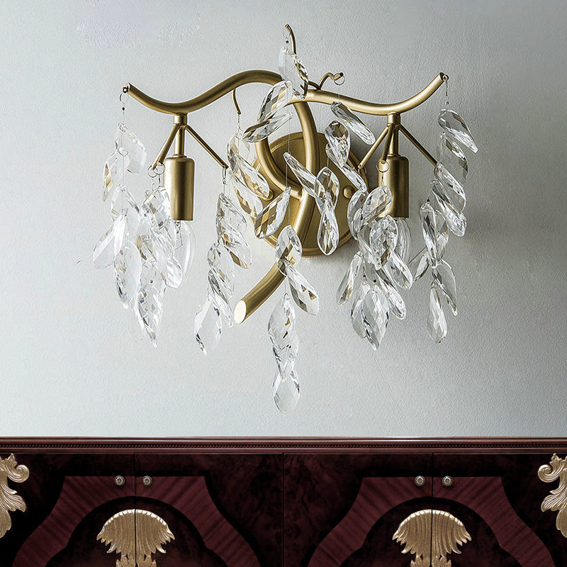 Modern Metal Wall Sconce With Clear Crystal Leaf Deco And 2 Brass Bulbs