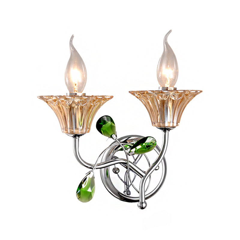 Vintage Bell Amber Glass Sconce Lamp - Stylish Chrome Wall Light With Green Teardrop Crystal Deco