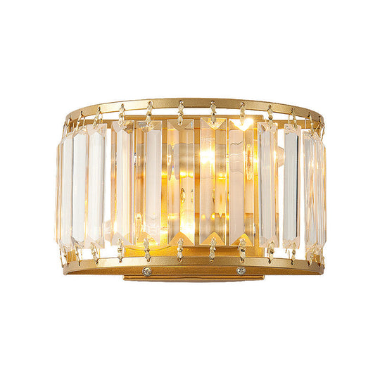 Modern Brass Wall Sconce With Drum-Shaped Clear Crystal Shade - 1 Light Living Room Lighting Fixture