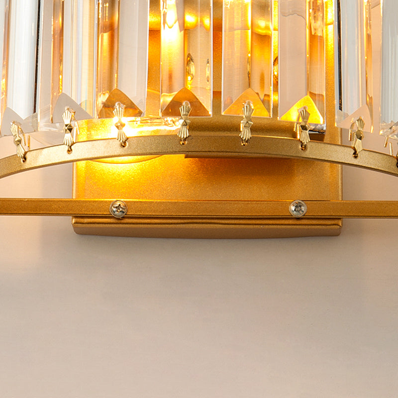 Modern Brass Wall Sconce With Drum-Shaped Clear Crystal Shade - 1 Light Living Room Lighting Fixture