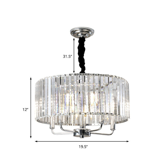 Modern Tri-Sided Glass Rod Drum Ceiling Light - 4-Light Chrome 19.5’’/23.5’’ Wide