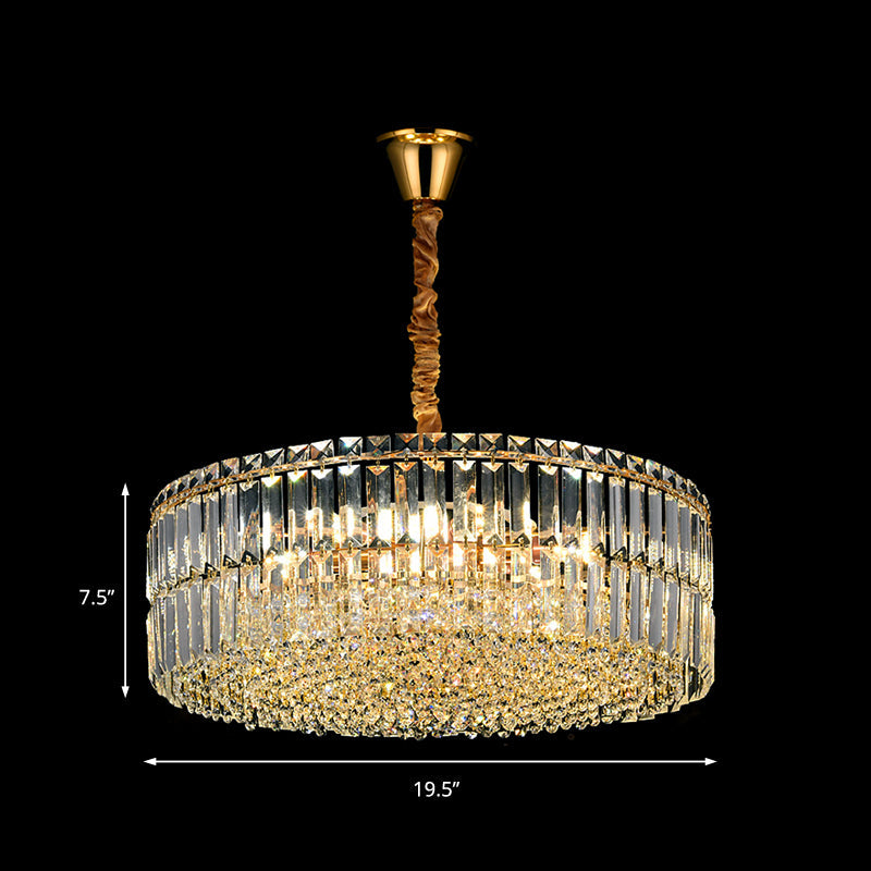Contemporary Gold Drum Chandelier Light | 6/8 Lights Rectangular-Cut Crystal Ceiling Hanging