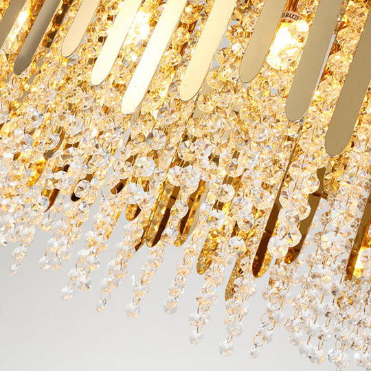 Brass Chandelier Light - 6-Light Living Room Hanging Kit With Drum Crystal Strand Shade