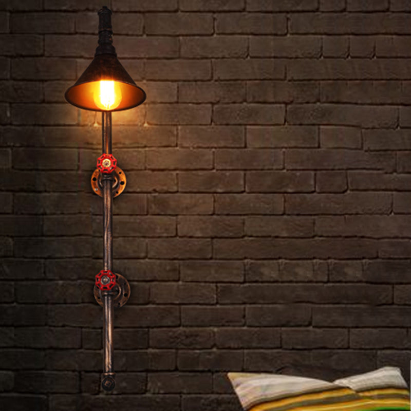 Industrial Funnel Iron Wall Light With Decorative Water Valve - Rustic Single Mount Fixture