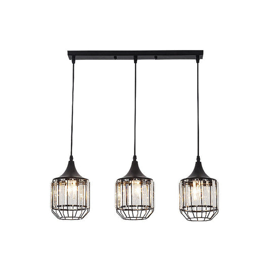 Nordic Black Dining Room Pendant With Metal And Crystal Shades - 3 Light Cluster