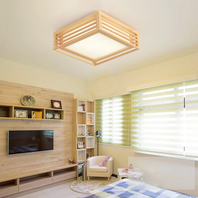 Japanese Led Flush Mount Ceiling Light For Bedroom - Wood Square Fixture