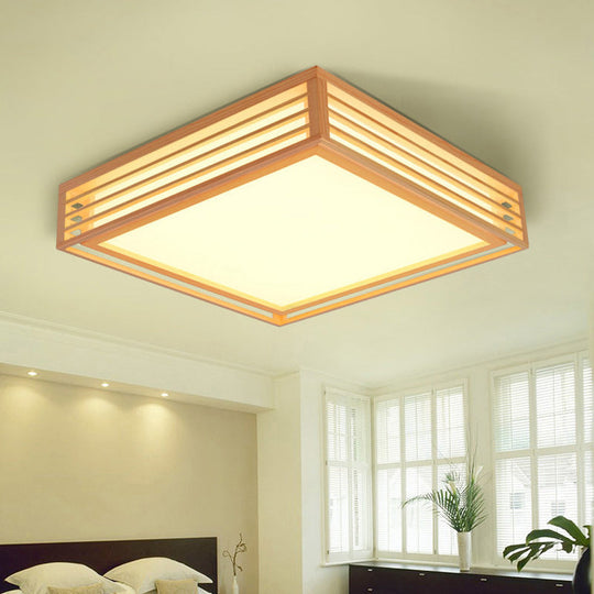 Japanese Led Flush Mount Ceiling Light For Bedroom - Wood Square Fixture