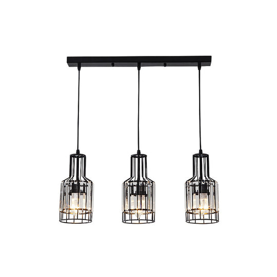 Nordic Black Dining Room Pendant With Metal And Crystal Shades - 3 Light Cluster