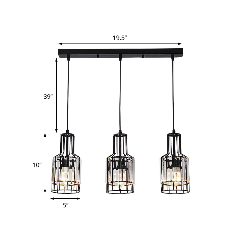 Modern 3-Light Dining Room Pendant With Nordic Black Finish Metal & Crystal Shade