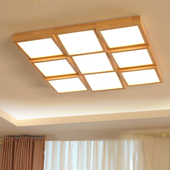 Modern Wood Led Ceiling Light With Square Acrylic Shade - Flush Mount For Living Room