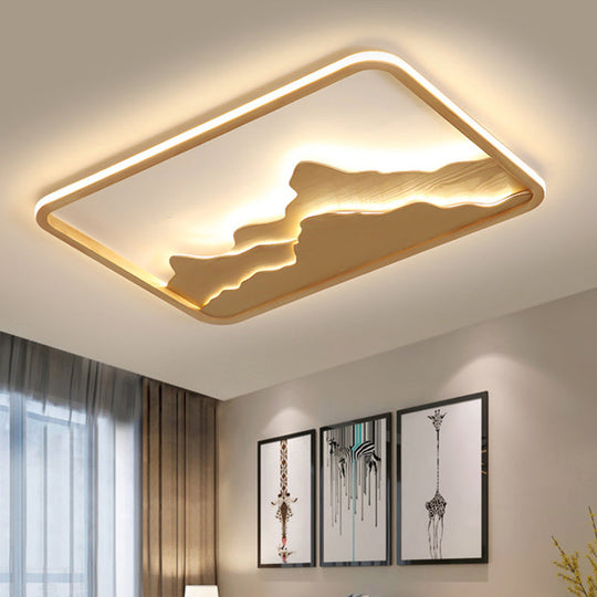Chinese Mountain Wood Rectangle Flush Ceiling Led Light Fixture For Bedroom / 25.5’ Remote