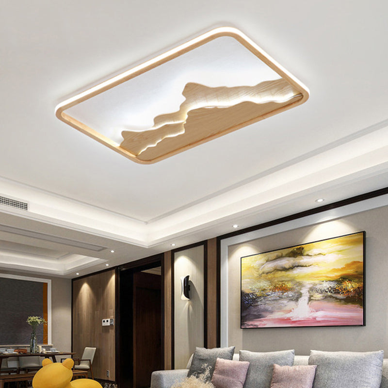 Chinese Mountain Wood Rectangle Flush Ceiling Led Light Fixture For Bedroom / 25.5’ Natural