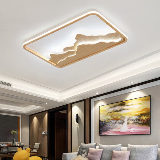 Chinese Mountain Wood Rectangle Flush Ceiling Led Light Fixture For Bedroom / 25.5’ Natural