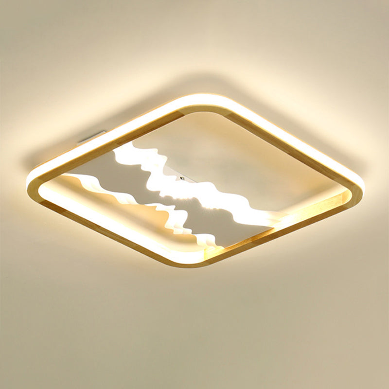 Chinese Mountain Wood Rectangle Flush Ceiling Led Light Fixture For Bedroom White / 17’ Natural