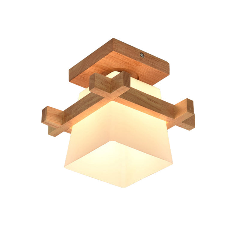 Japanese Wood Square Flush Mount Ceiling Light With White Glass Shade - Ideal For Corridors