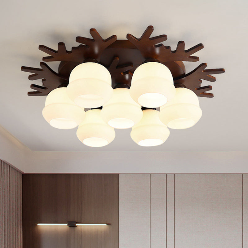 Nordic - Style Wood Flush Ceiling Light With Antler Design And White Glass Shade