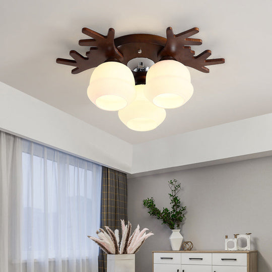 Nordic - Style Wood Flush Ceiling Light With Antler Design And White Glass Shade