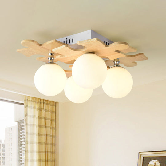 Japanese Style Round Flush Mount Ceiling Light Fixture With White Glass And Wooden Accent - 4 Bulb