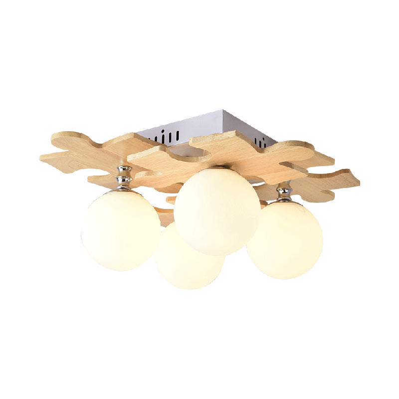 Japanese Style Round Flush Mount Ceiling Light Fixture With White Glass And Wooden Accent - 4 Bulb