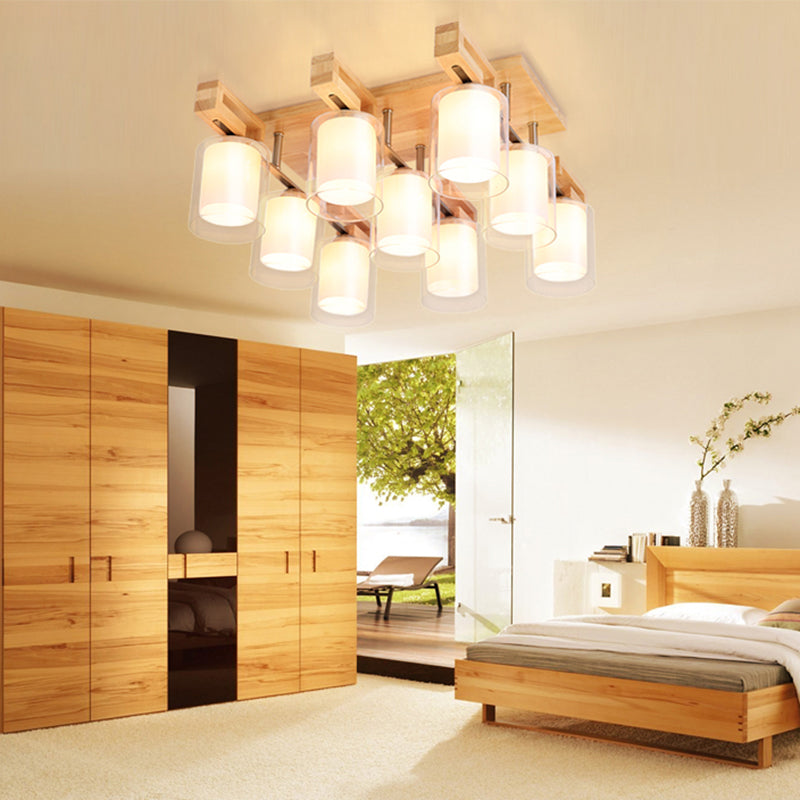 Wooden Double - Layer Glass Flush Mount Chandelier For Living Room Ceiling - Simplicity In Design 9