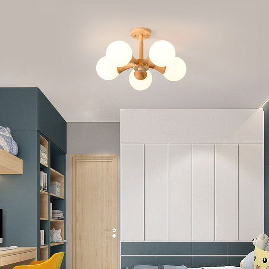 White Glass Flush Mount Chandelier With Nordic Style Ball Wood Canopy - Perfect For Bedrooms