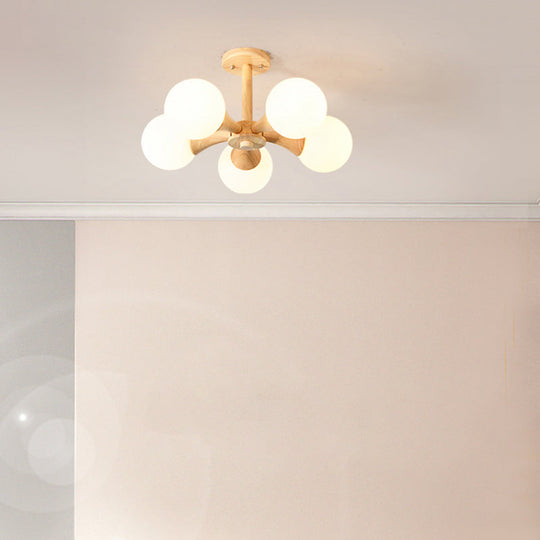 White Glass Flush Mount Chandelier With Nordic Style Ball Wood Canopy - Perfect For Bedrooms
