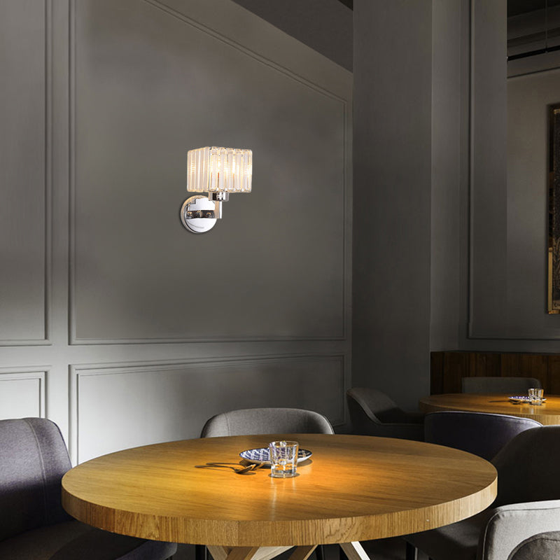 Modern Chrome Wall Sconce Light With Crystal Rod Shade - 1-Light Hallway Mount