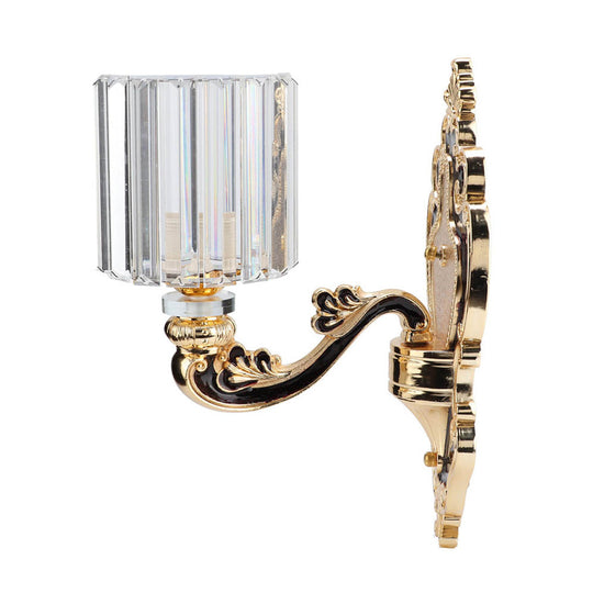 Gold Crystal Cylinder Sconce Light - Rectangular-Cut Contemporary Bedroom Wall Mount