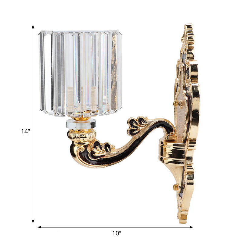 Gold Crystal Cylinder Sconce Light - Rectangular-Cut Contemporary Bedroom Wall Mount