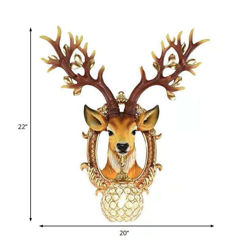 Vintage Brown Globe Wall Light - 1-Light Crystal And Metal Sconce With Deer Backplate