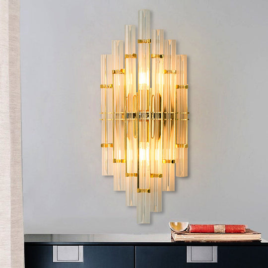 Contemporary Gold Finish Bedroom Wall Sconce With Crystal Tube Shape - 2 Lights