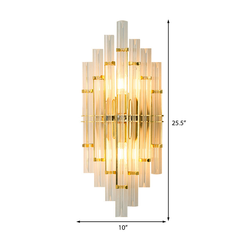 Contemporary Gold Finish Bedroom Wall Sconce With Crystal Tube Shape - 2 Lights