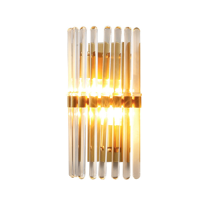 Clear Crystal Half-Cylindrical Wall Sconce Lamp: Contemporary Brass Finish Lighting For Bedroom